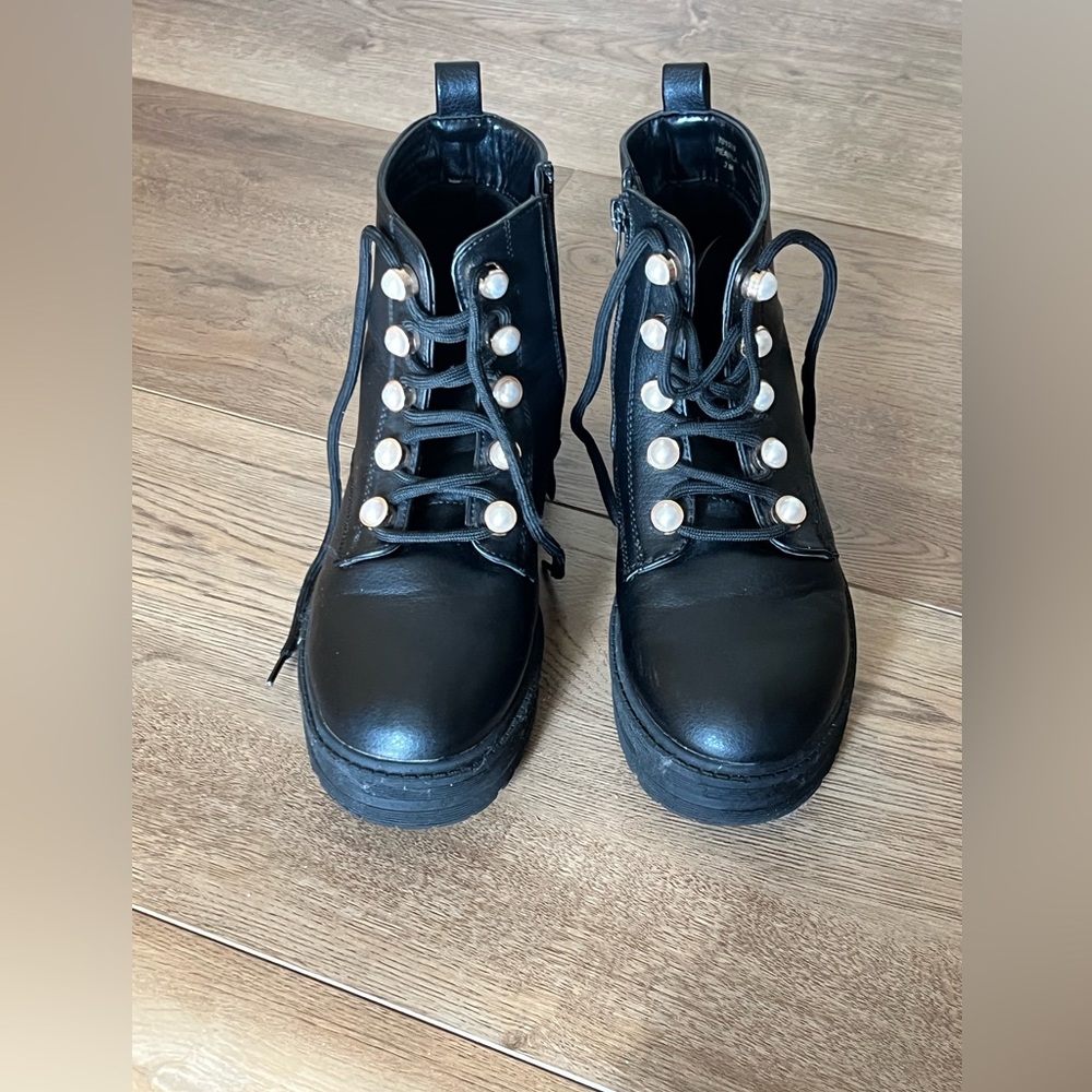 Elegant Black Combat Boots with Pearl Details